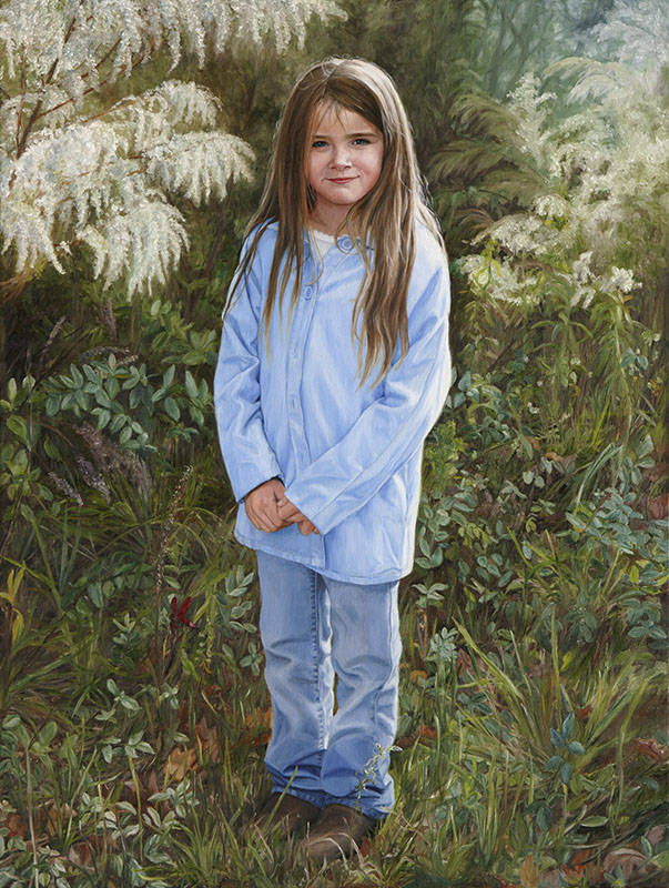 girl in blue jacket and jeans with weeds