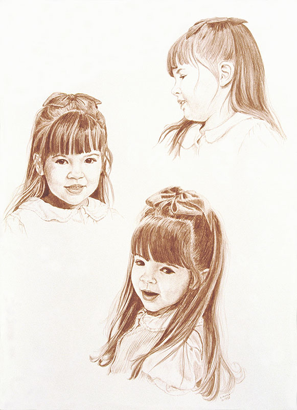 three views of young girl with long dark hair
