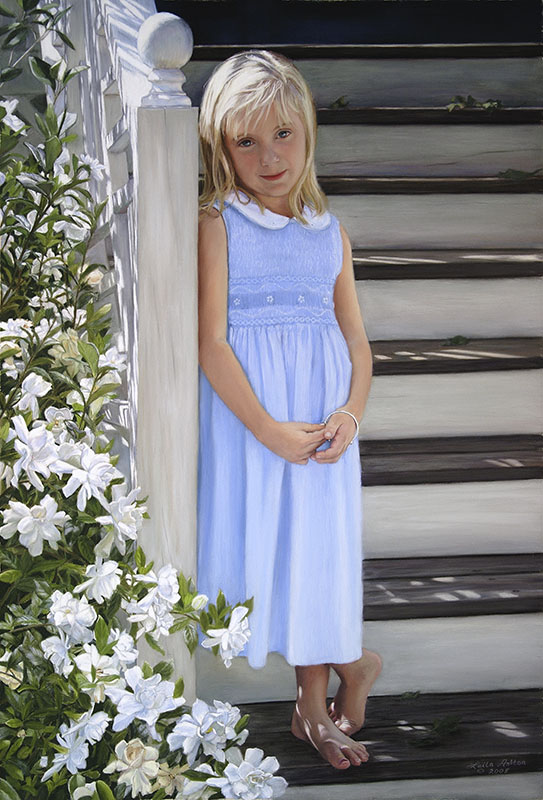 girl with blue dress on stairs with gardenias