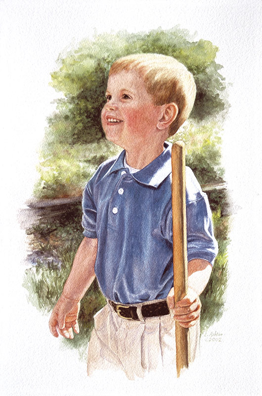 small boy in blue shirt with garden tool