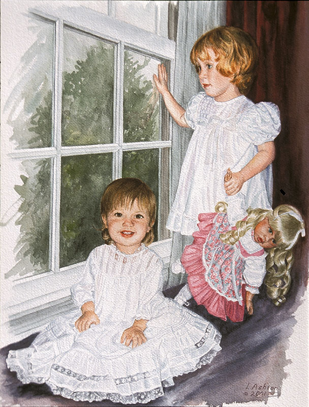 two young girls in white dresses in front of window
