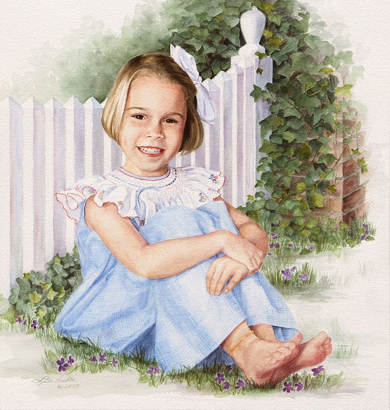 girl in blue dress in front of picket fence