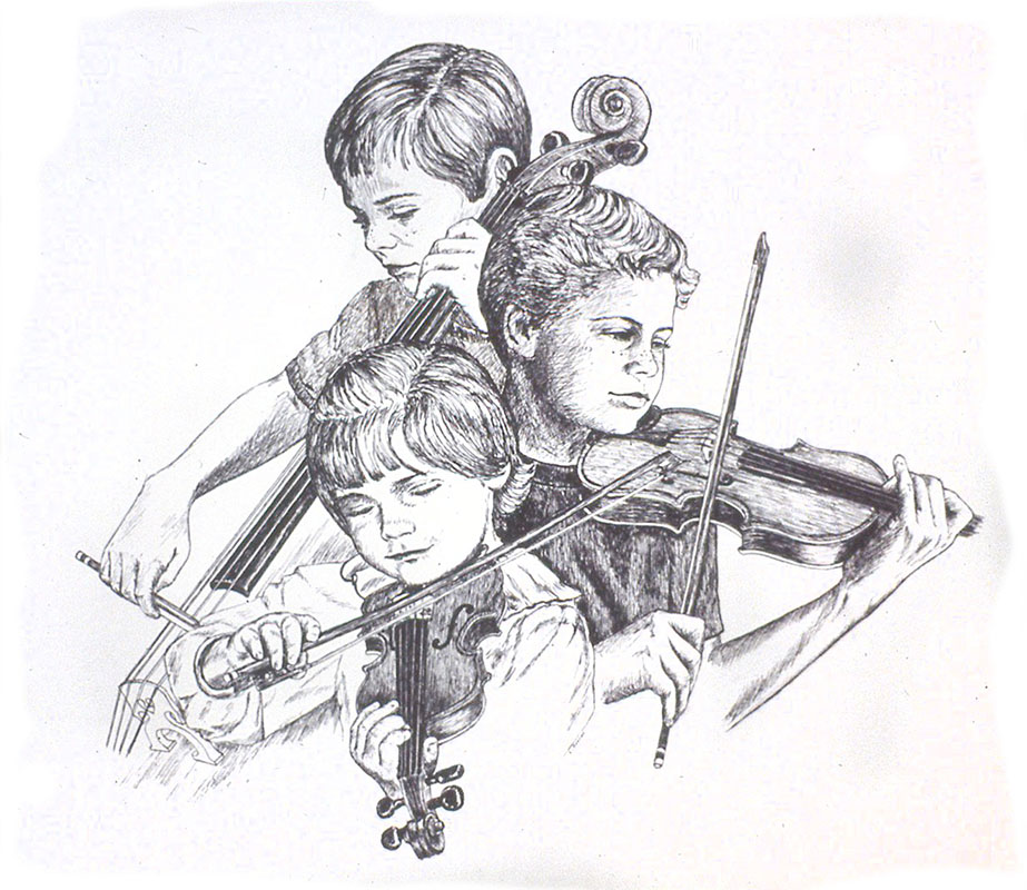 three children playing violin