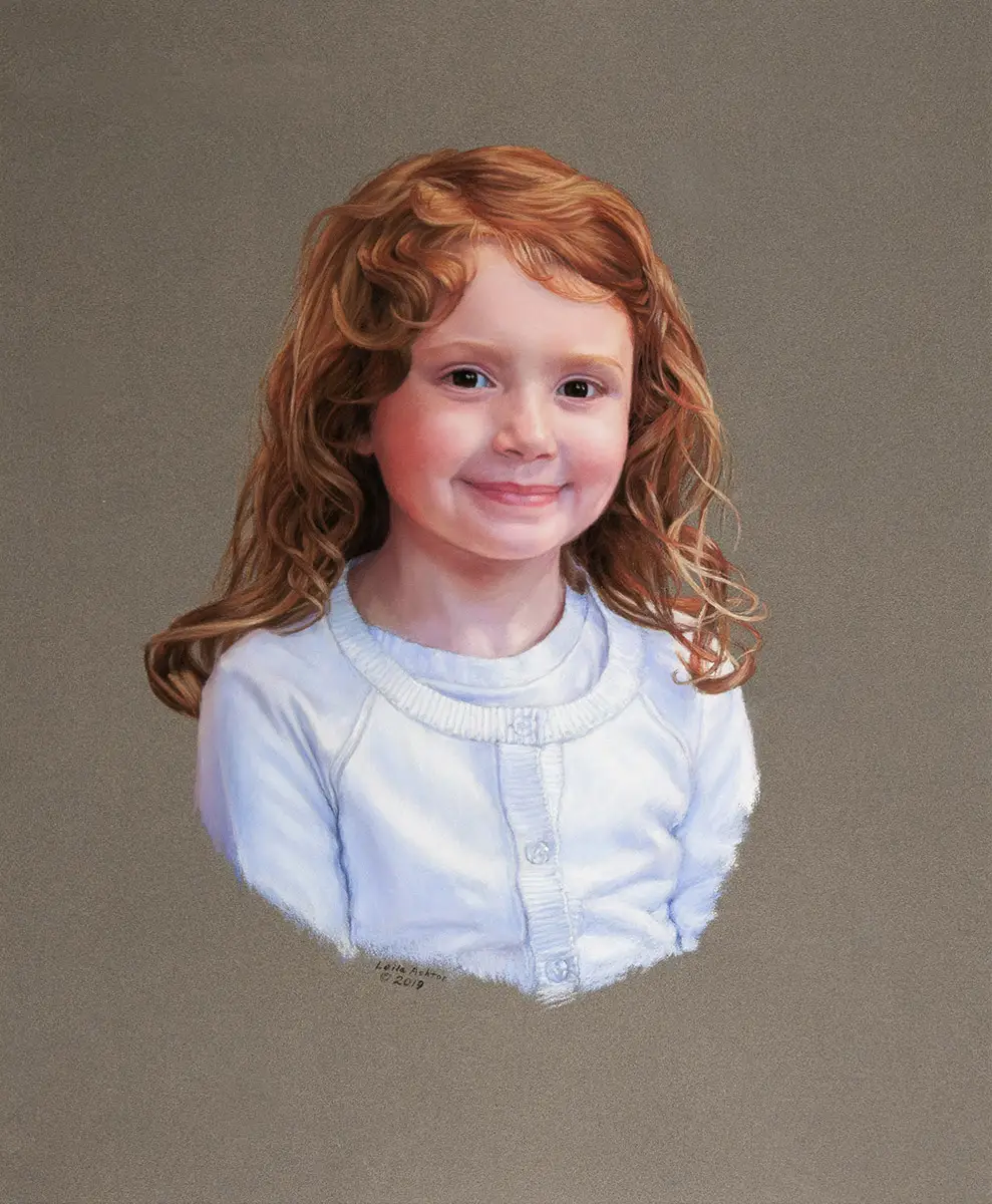 Portrait in pastel of young girl with red hair and white sweater