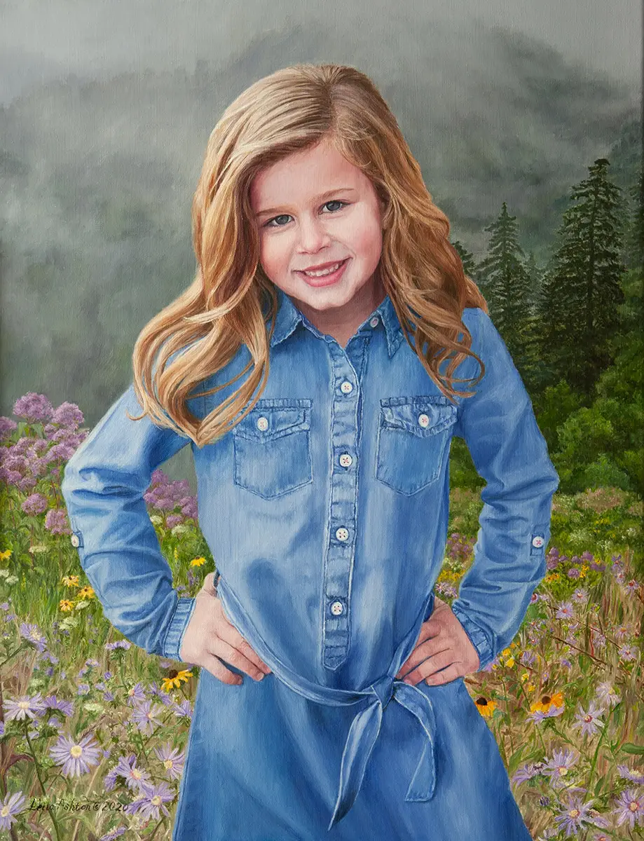 Portrait in oil of a girl in blue dress in mountains