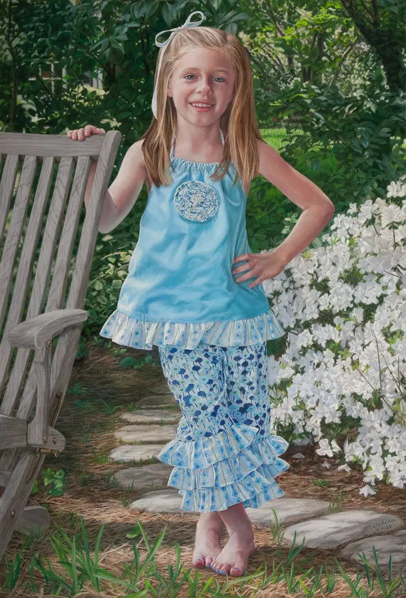 Portrait in pastel of girl in blue with chair and azalea bush