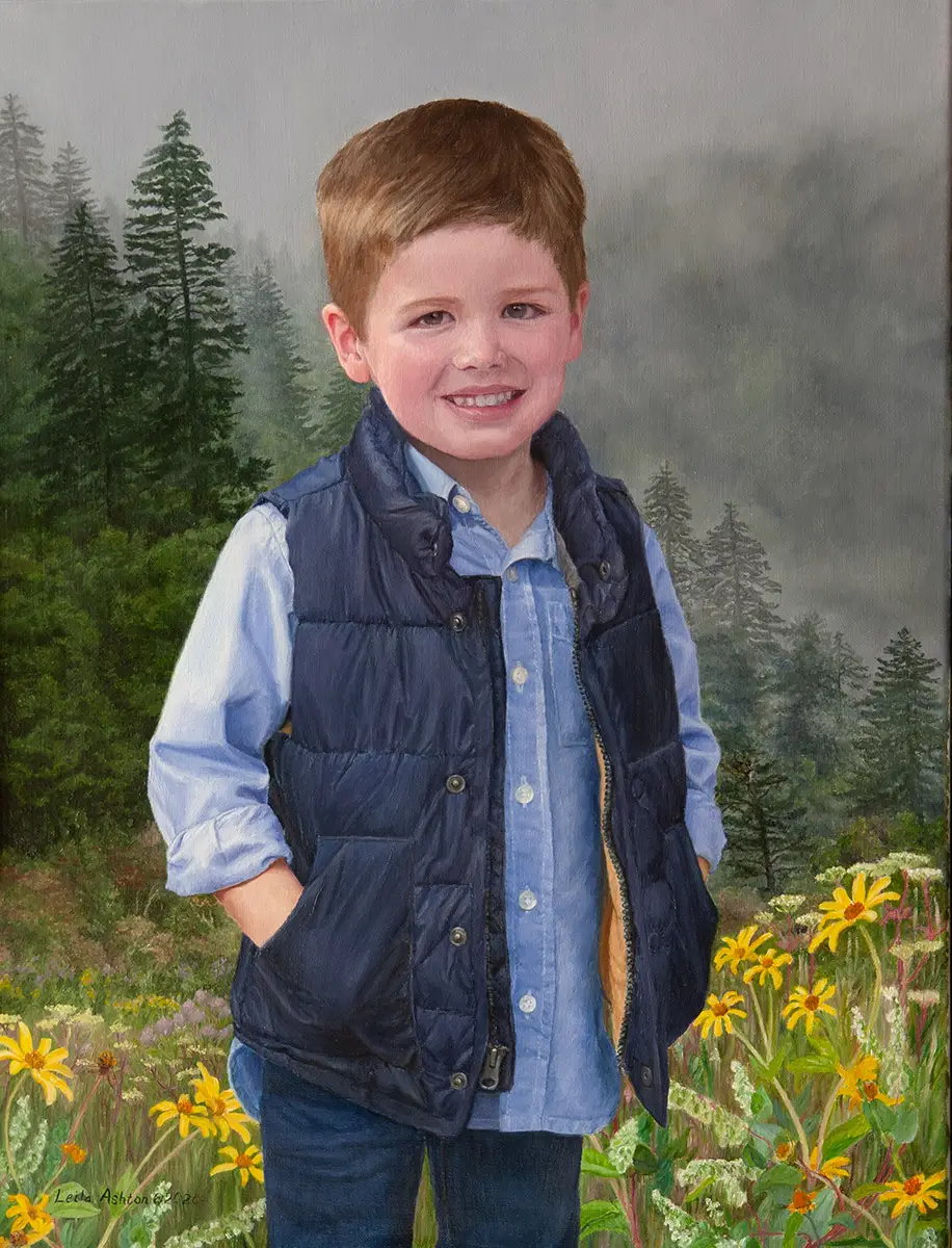 Portrait in oil of boy in dark blue vest in mountains