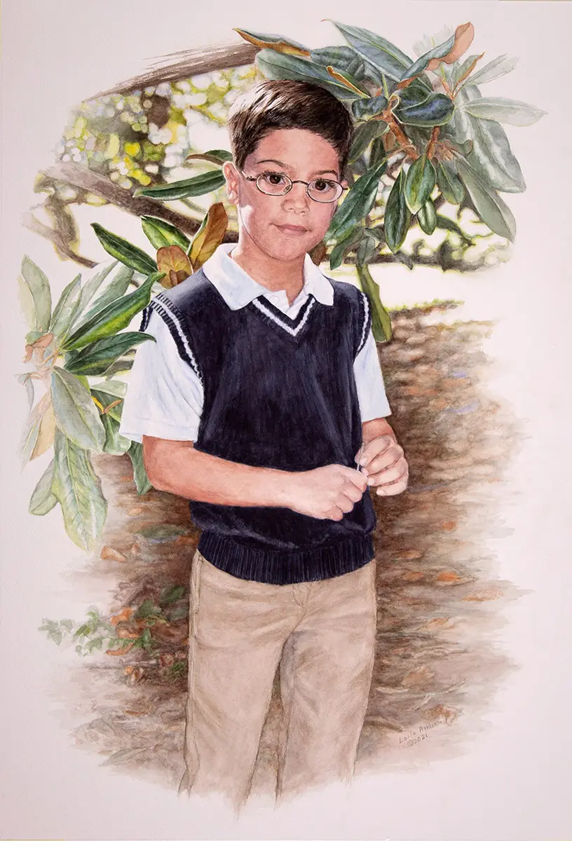 Watercolor portrait of boy with magnolia leaves
