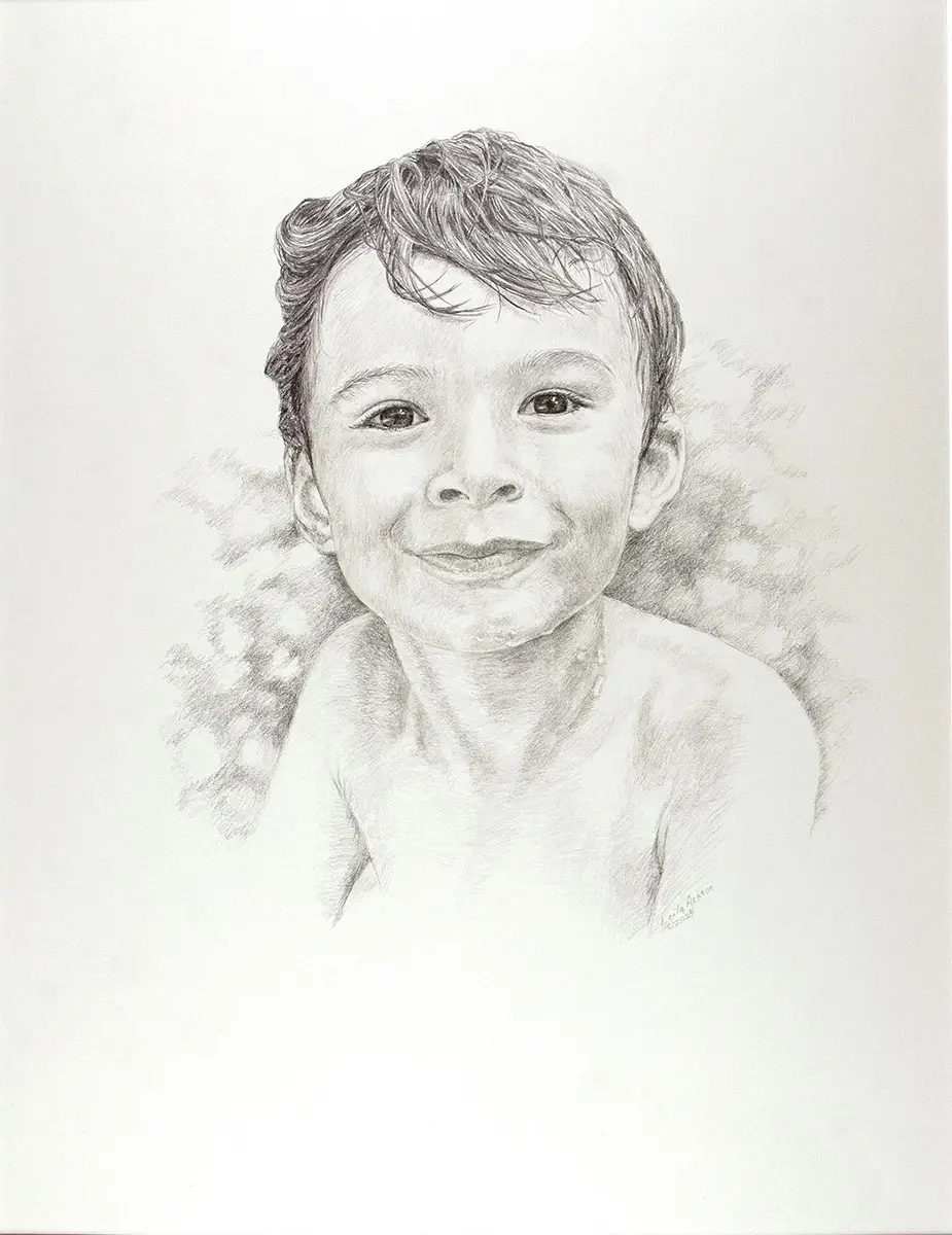 Graphite drawing of child at a pool