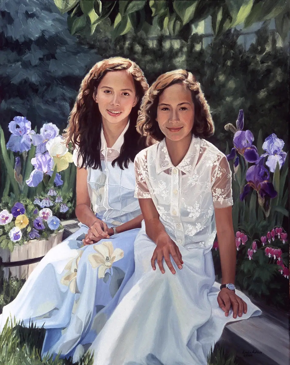 Portrait in oil of two teenage girls in garden