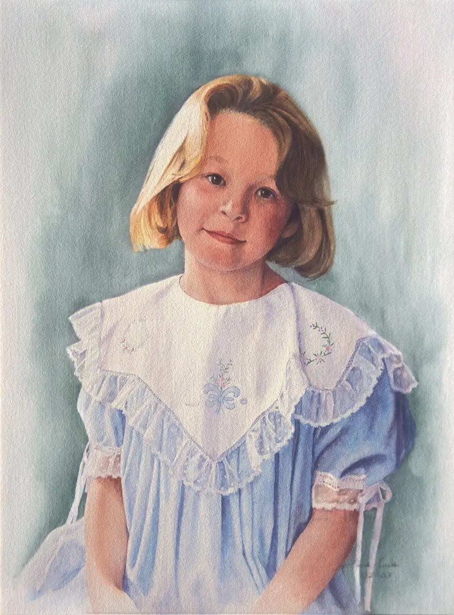 Portrait in watercolor of girl in blue dress with white collar