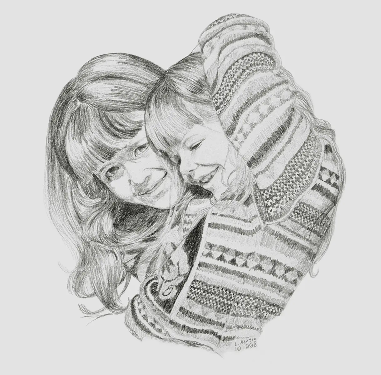 Pencil drawing of two girls in sweaters