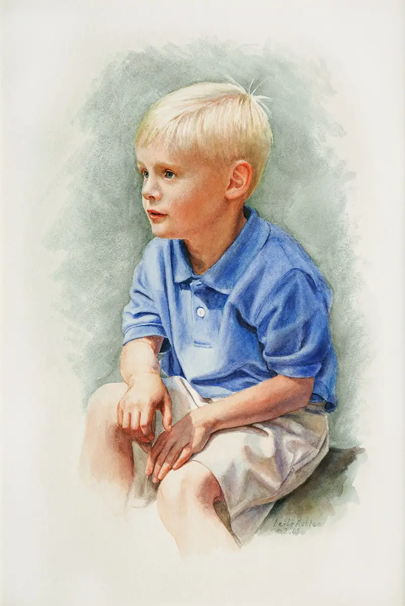 Watercolor portrait of young boy in blue shirt