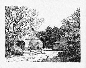 Pen and ink drawing of a barn, barn yard with trees