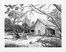 Ink drawing of tool shed with horse-drawn rake