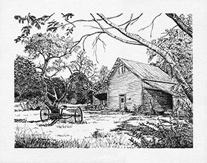 Ink drawing of tool shed with horse-drawn rake