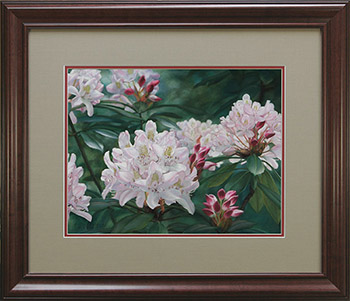 pastel painting of rhododendron blossoms framed