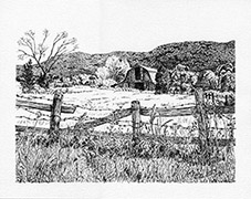 Pen and ink drawing of old barn, fence and weeds