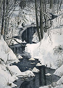 Watercolor of dark creek flowing through snow