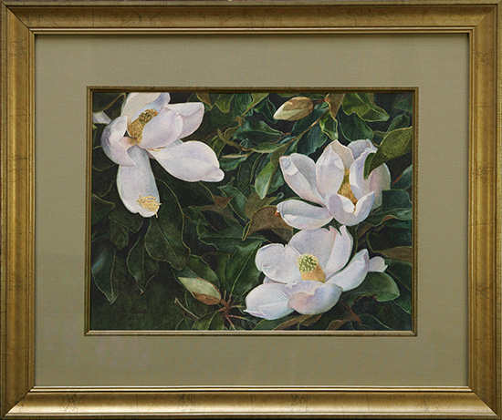 framed pastel painting of white magnolia blossoms