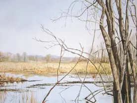 Watercolor of an Alabama marsh in winter with trees