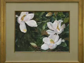Magnolia blossoms and buds against green leaves