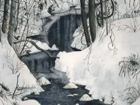 Watercolor of dark creek flowing through snow